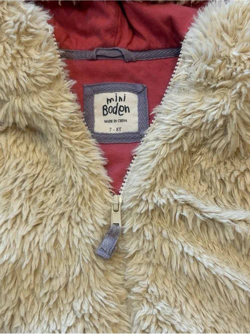 Mini Boden Cream Sherpa Hooded Vest with Pink Lining 7/8